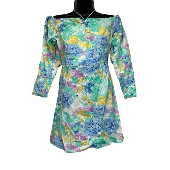 Zara Poplin Off the Shoulder Multicolor Floral Watercolor Mini Dress Size M - Picture 2 of 10